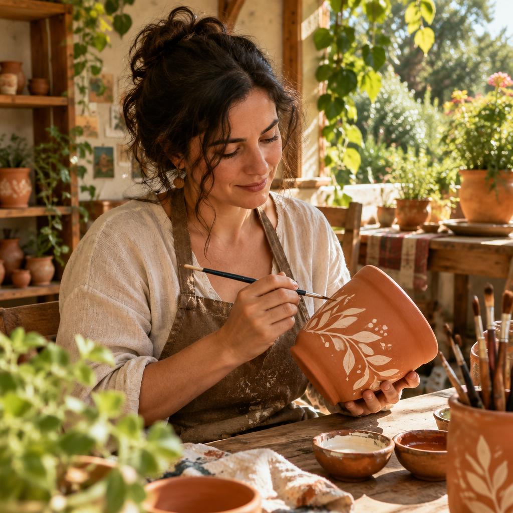 Caro peignant un pot en terre cuite dans son atelier