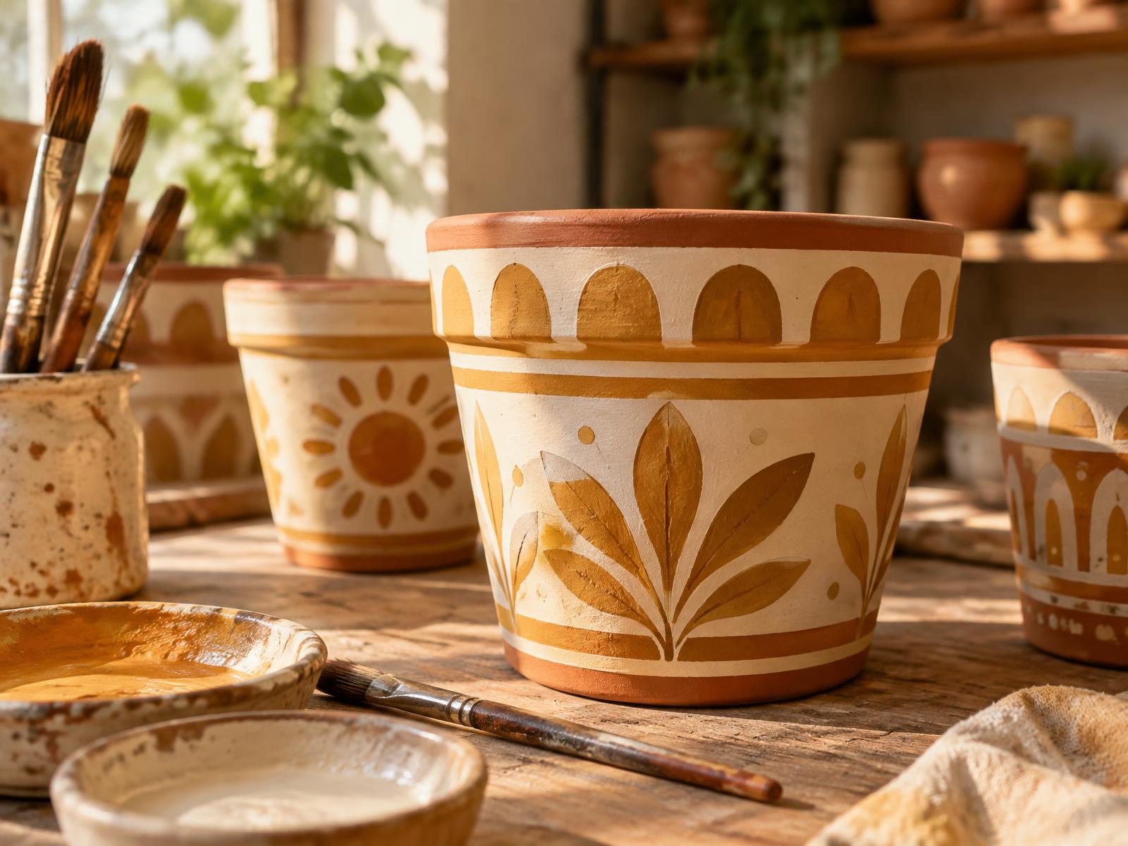 Pots en terre cuite peints à la main avec des motifs ocre et crème